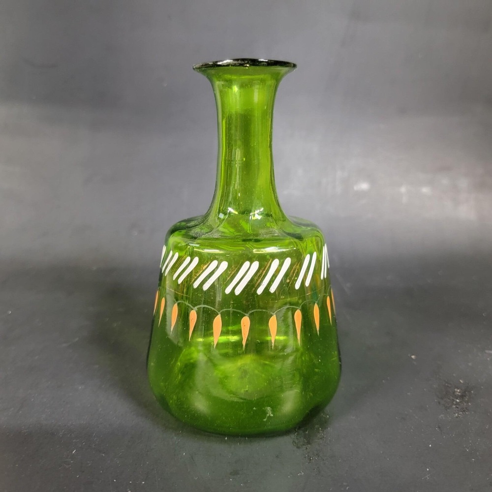 Vintage Bohemian Green Blown‎ Glass Handpainted Barber Bottle Decanter 6"